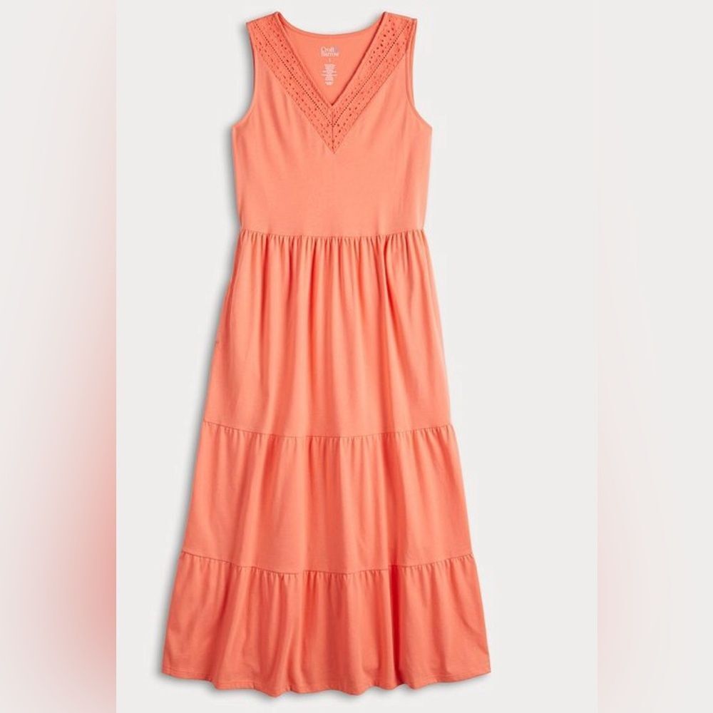 Croft & Barrow plus size women’s Eyelet style v neck tiered Midi Dress 0X EUC